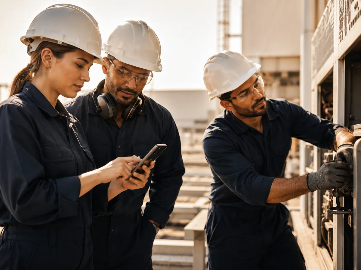 Workers in hard hats checking a work procedure on a phone at an industrial site