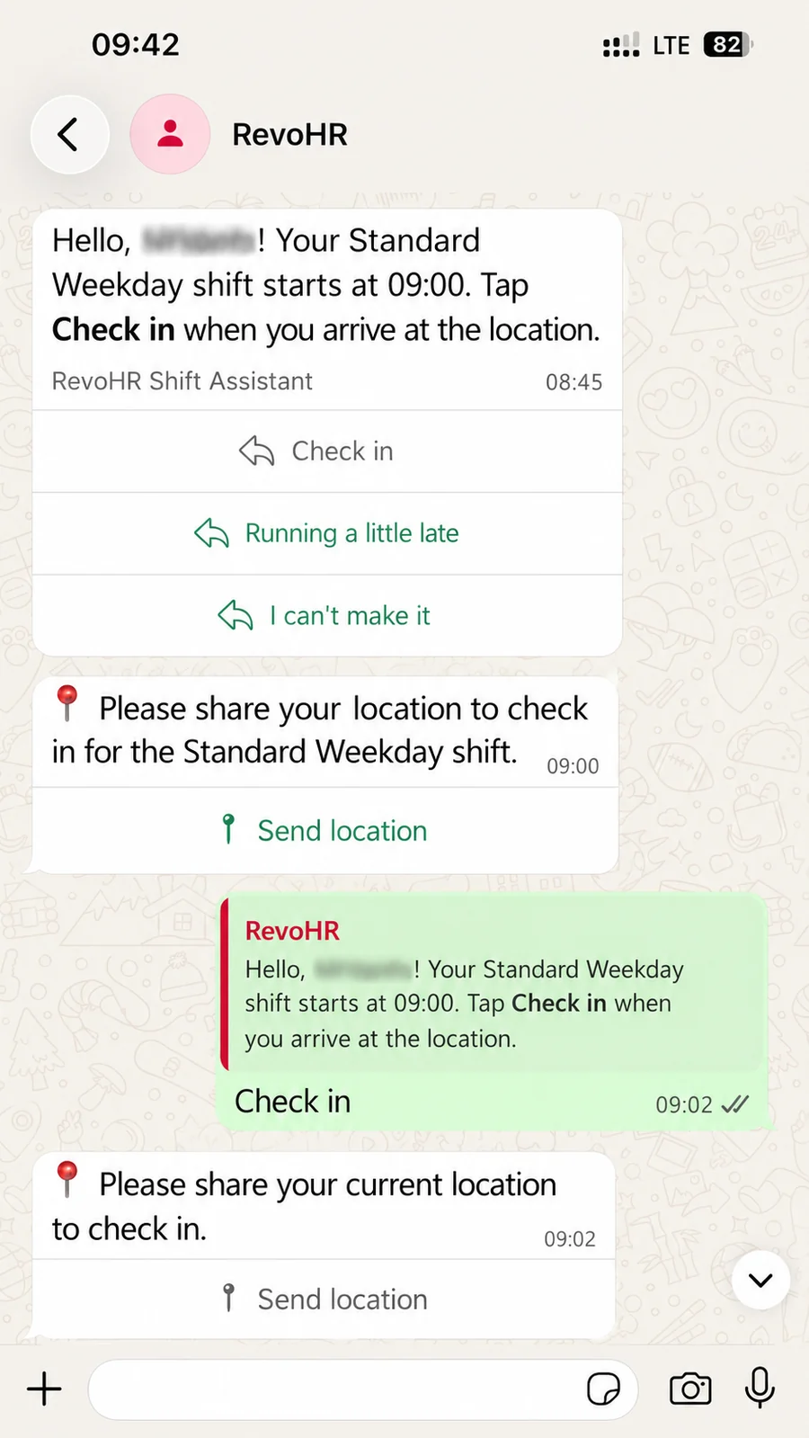 A worker being prompted to check in, sending the check-in command and being asked to share location.